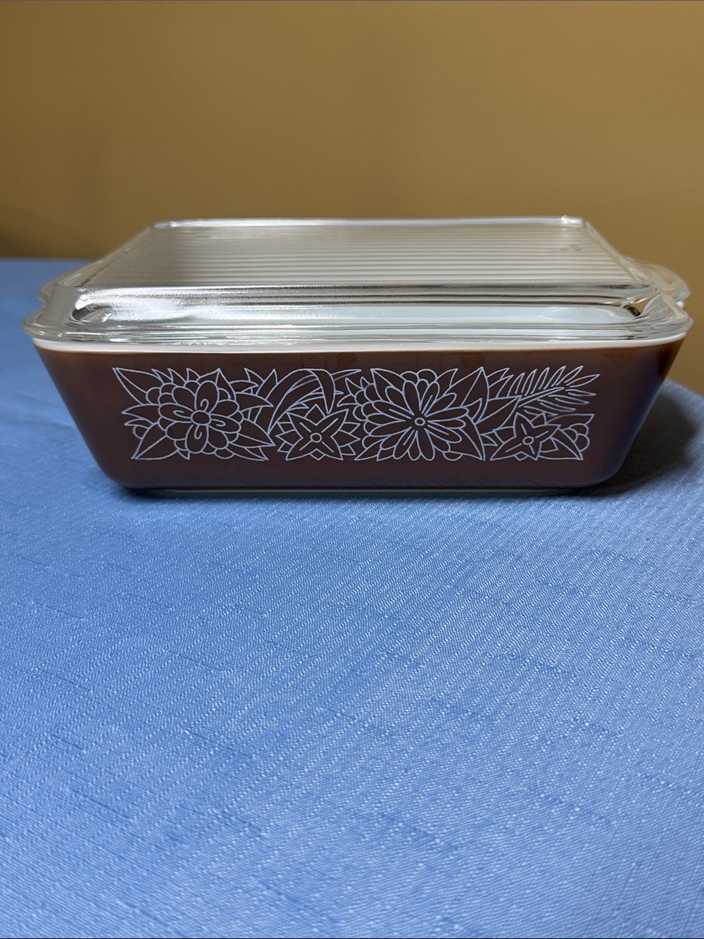 Pyrex Woodland Brown Flower 503B Refrigerator Baking Dish with Lid 1970s